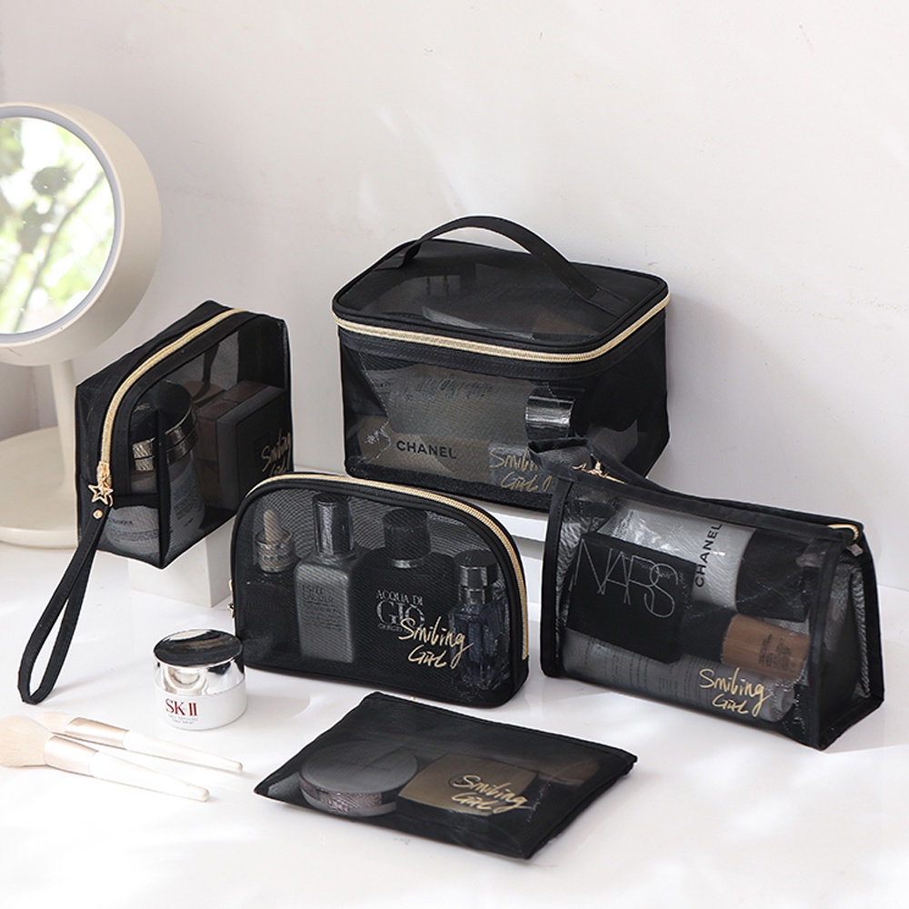 Women Makeup Bag Travel Cosmetic Pouch Organizer Black Mesh Toiletries Bag Makeup Brush Beauty Tools Storage Bags