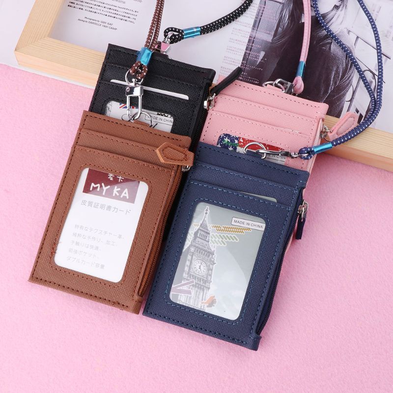 Card  Wallet Men PU Leather ID Cards Holders Case Neck Strap Lanyard Ladies Fashion Mini Slim Walle