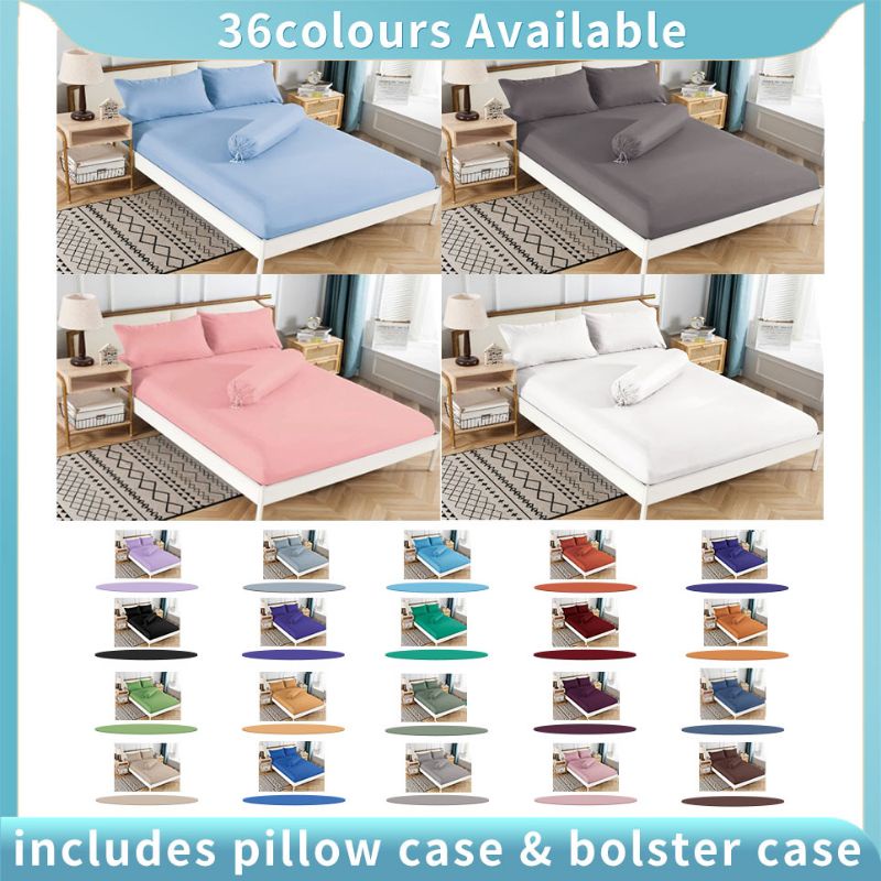 Plain Fitted Bedsheet Set with Pillow case and Bolster case 890TC