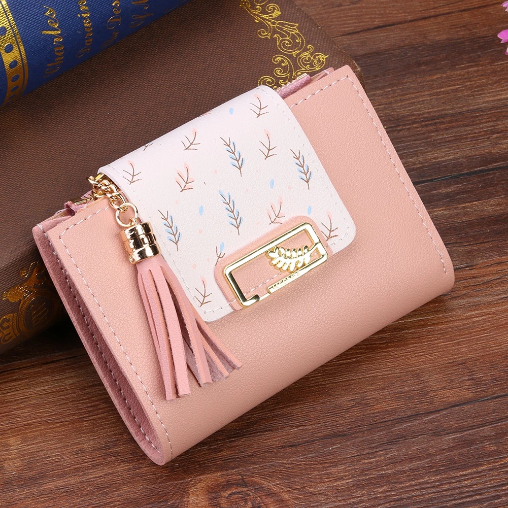 Korean Version Fashion Tassel  Women Leather Simple Leaf Printing Zipper Wallet / Girl Vintage Large Capacity Coin Purse / Female Lovely Square Clutch Purse / High Quality Luxury Trendy Casual Portabl