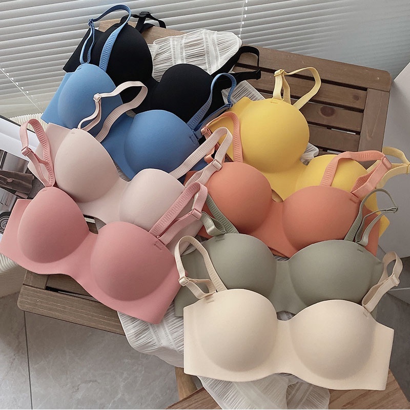 MOMO New Bra Push Up Seamless Wireless for Women Non Wire Simple Fashion Shell Half Thick Cup Sexy Temptation Gathe Bras