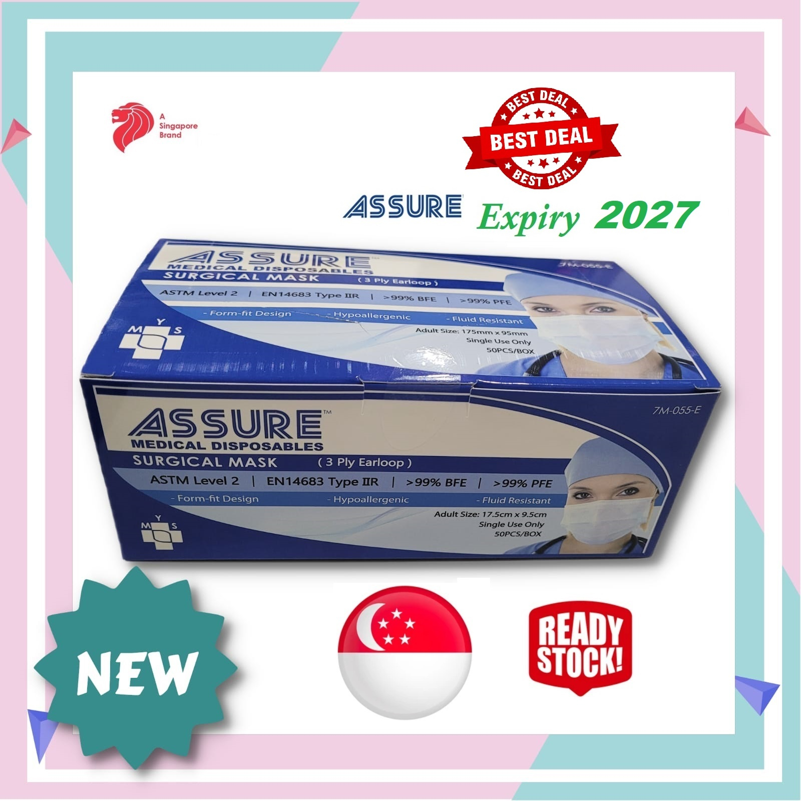 ? [SG RDY STOCK] ASSURE Adult 3 Ply Surgical Mask With Earloop (50pc/bx)