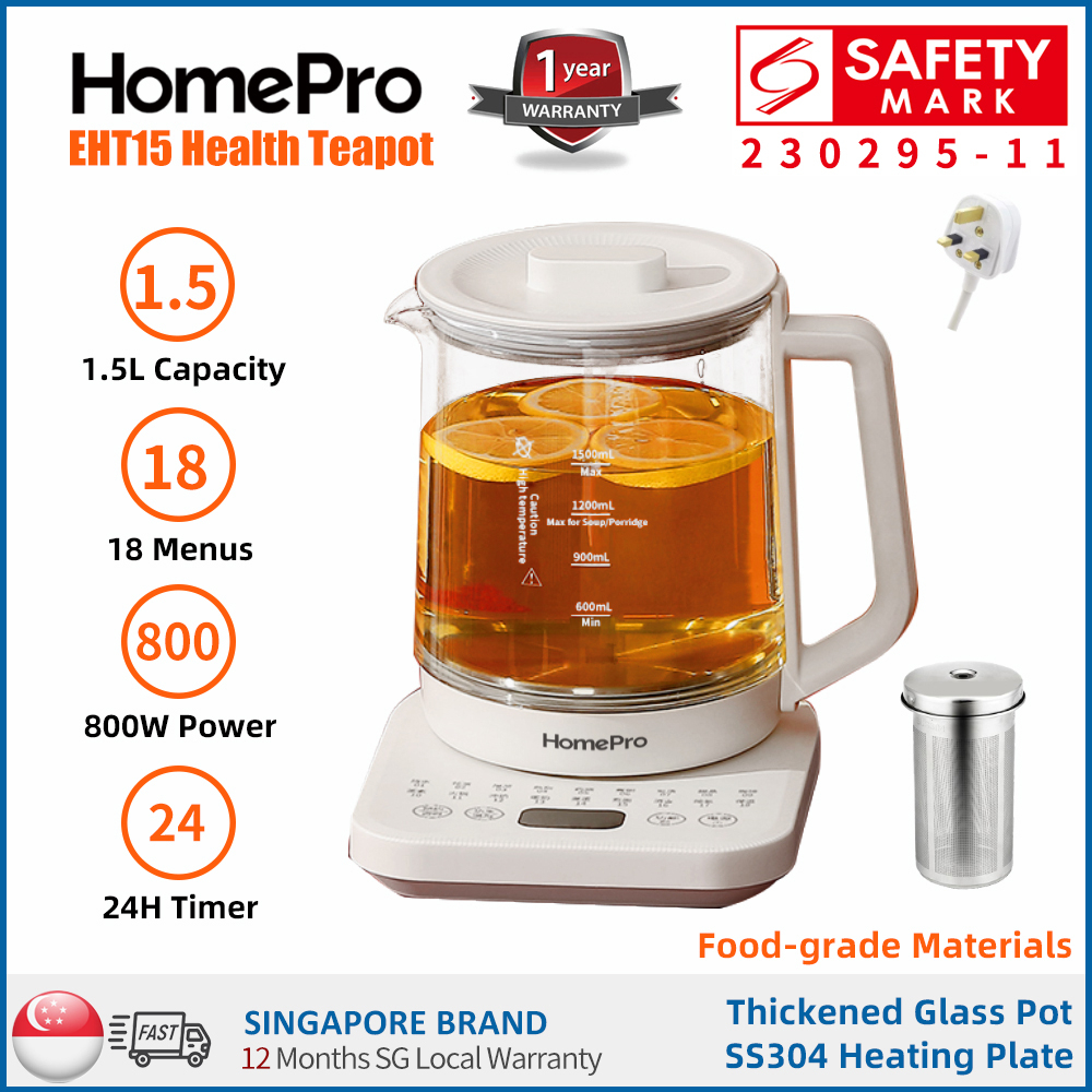 HomePro EHT15 Electric Health Teapot/Thick Glass/Multi-function Kettle/18 Menus/1.5L Capacity/3-pin SG Plug/SG Warranty
