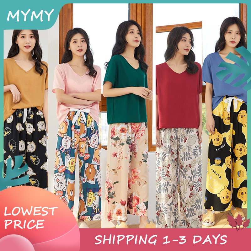 【SG ready stock】Summer cotton silk pajamas women's wide-leg pants
